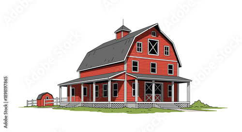 Classic american red barn building with a grey roof and white trim situated on a green field under a clear white background illustration.