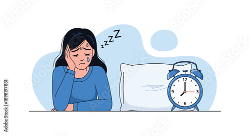 Relatable illustration of a tired woman struggling with insomnia sitting at a desk with an alarm clock and pillow during late night hours.