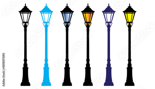 Set of five vintage street lamps glowing in blue, yellow, and purple light at night