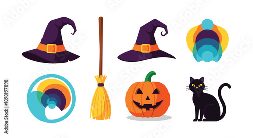 Playful collection of halloween themed icons including purple witch hats a wooden broom jack-o-lantern and a black cat for festive decorations.