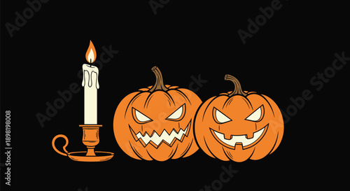 Spooky Halloween scene featuring two carved jack-o-lanterns with glowing eyes and a lit candle on a dark black background for festive designs.