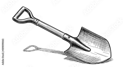 Realistic hand drawn engraving style illustration of a garden shovel or spade with a wooden handle and metal blade for landscaping themes.
