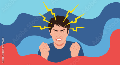 Emotive illustration of a frustrated man clenching his fists with yellow lightning bolts flashing around his head representing anger or stress.