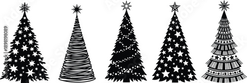 Collection of black silhouettes of stylized Christmas trees with stars and decorations isolated on white background