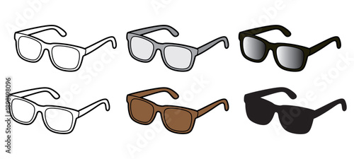 Set of six stylish sunglasses flat lay design isolated on white background