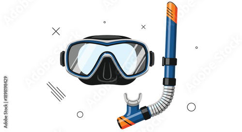 Diving mask and snorkel equipment set for snorkeling and underwater exploration during summer beach vacations and water sports.