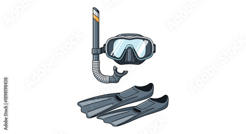 Professional snorkeling equipment set including a grey diving mask and snorkel tube paired with matching swim fins on white.