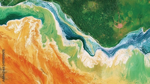 Aerial view of river meeting desert, vibrant colors, environmental impact.