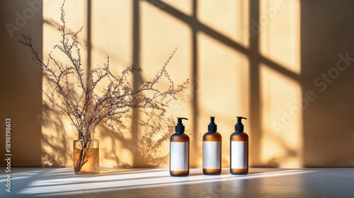 Minimal skincare bottles with pump dispenser in warm natural sunlight, organic cosmetic packaging mockup with shadow and copy space, wellness and spa concept.