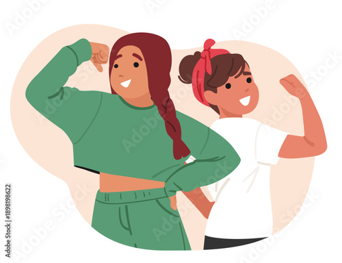 Best girl friends cartoon characters showing biceps together flexing muscles to celebrate friendship