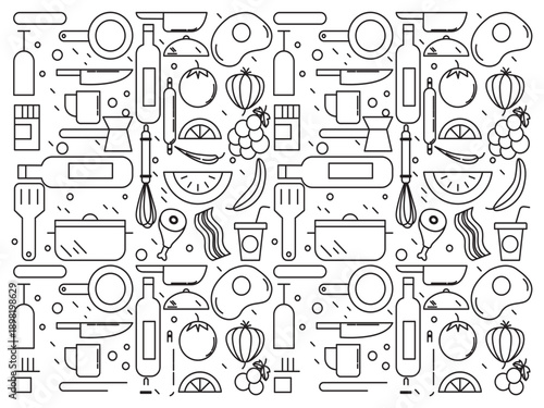Kitchen pattern with various cooking utensils and food ingredients, vector illustration