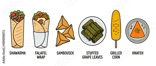 A colorful illustration showcasing a variety of popular Middle Eastern street foods, including shawarma, falafel wrap, sambousek, stuffed grape leaves, grilled corn, and knafeh.