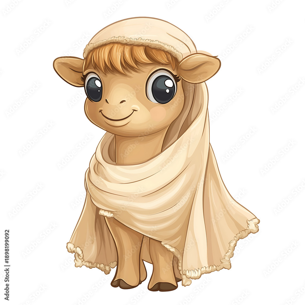 Fototapeta premium A cute cartoon alpaca wrapped in a cozy beige blanket