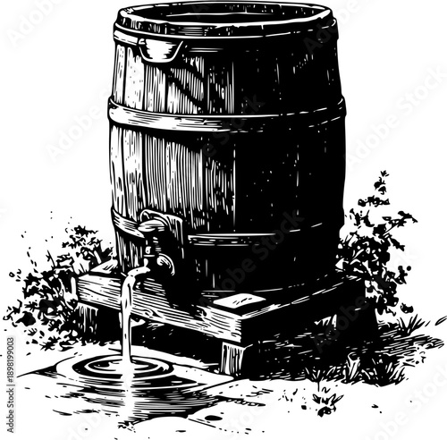 Whispers of the Past: An Elegant Rain Barrel Etching