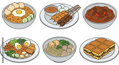 A vibrant collection of six distinct Indonesian dishes, showcasing a variety of textures and colors.