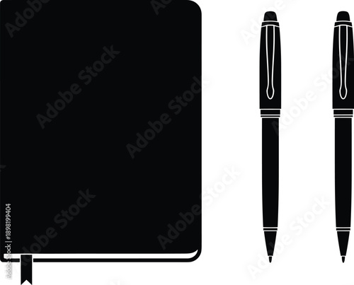 Black silhouette notebook with ribbon bookmark and two classic pens isolated, minimal stationery concept for writing, journaling, office supplies