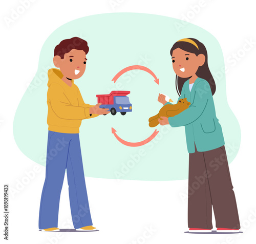 Boy and girl standing together exchanging toys ignoring traditional gender roles cartoon scene