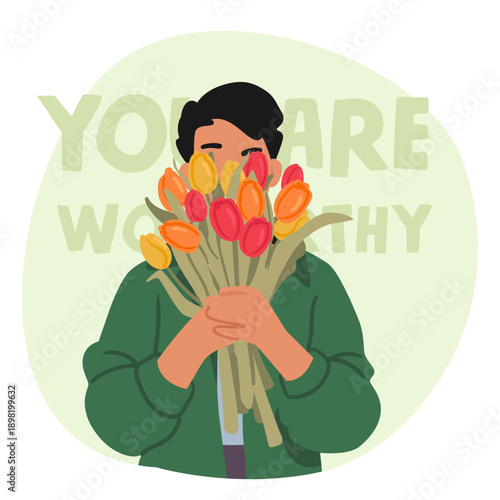 Young man cartoon character shyly hiding his face behind beautiful bouquet of tulip flowers