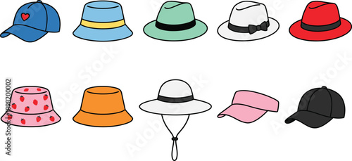 Colorful hat collection illustration featuring caps, bucket hats, fedora styles, summer fashion accessories, cute cartoon design, isolated on white background