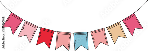 Colorful festive bunting banner illustration with hanging flags, party decoration concept for celebration, birthday and holiday events, flat vector design isolated