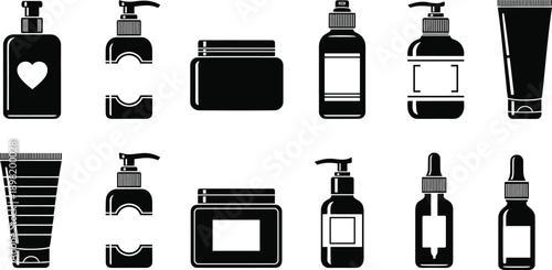Cosmetic and skincare packaging icon set with bottles, jars and tubes, black silhouette beauty product containers vector illustration isolated