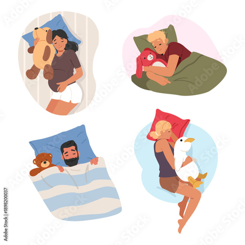 Adult people cartoon characters sleeping with toys in beds relaxing and enjoying comfort bedtime set