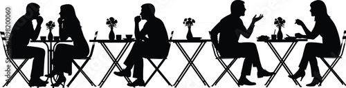 Couples dining together silhouette illustration at cafe tables, romantic conversation and social interaction concept, black vector artwork isolated on white background