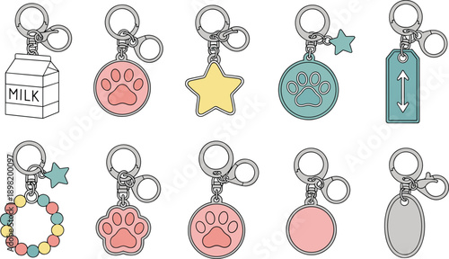 Cute keychain charm illustration set with paw print, star and tag designs, pastel accessories collection, cartoon vector isolated on white background