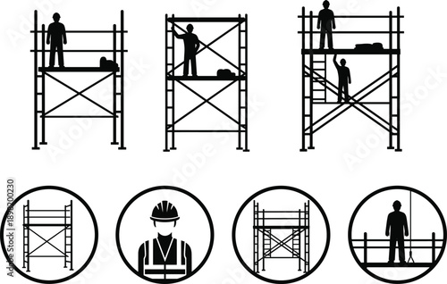 Construction scaffolding safety illustration, workers with protective gear, secure platforms, guardrails, lifeline harness, occupational safety training concept