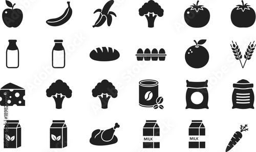 Food and grocery icon set with fruits vegetables dairy meat bread and grains, black silhouette vector illustration isolated on white backgroundFood and 