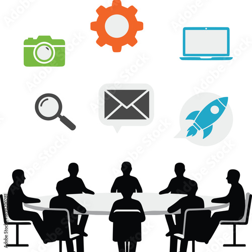 Business team meeting illustration with communication and technology icons, collaboration strategy concept, corporate discussion, flat design isolated on white background