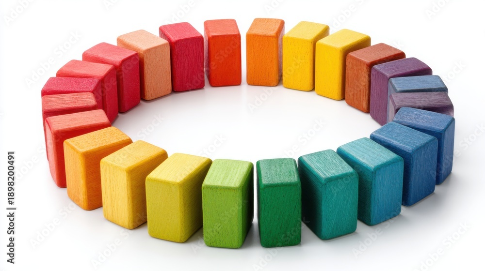 Obraz premium Colorful wooden blocks arranged in a circle displaying a rainbow spectrum.
