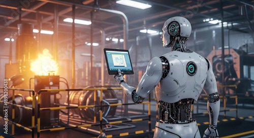 Futuristic humanoid robot holding digital tablet controlling industrial manufacturing process in factory for automation technology and artificial intelligence concept business