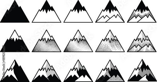 Mountain icon set with different peak styles, black and white hand drawn silhouettes, nature landscape vector illustration isolated on white background