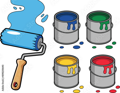Paint roller and colorful paint cans illustration showing blue, green, yellow and red colors, home renovation and painting tools concept