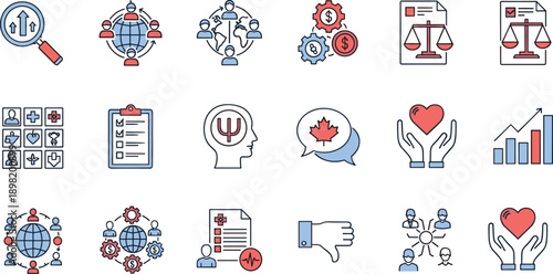 Social services and policy icon set illustrating justice, healthcare, economy and community support concepts, modern flat vector symbols isolated on white background