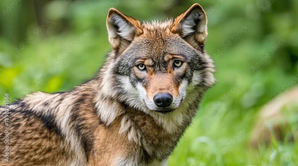 Fototapeta premium Majestic red wolf portrait, forest background, wildlife, nature photography for conservation.
