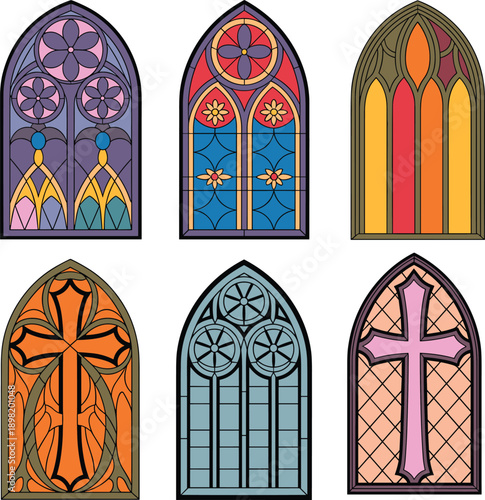 Stained glass church window illustration set with gothic arches, cross and floral patterns, colorful religious architecture vector isolated on white background