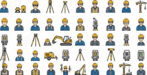 Construction workers, surveyors, and heavy equipment icons representing diverse roles and tools used in modern construction and land surveying