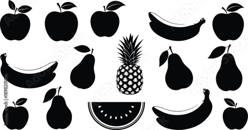 Fruit silhouettes illustration, apples bananas pears pineapple watermelon, black vector icons, healthy food design, educational pattern, graphic art