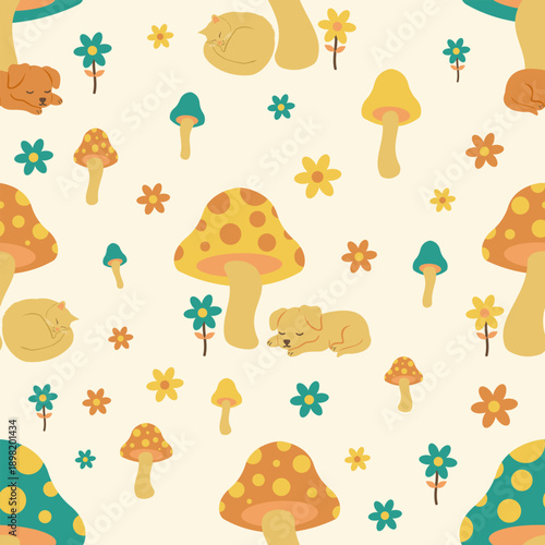 Magic mushroom forest seamless pattern with tiny puppies and kittens under toadstools. Psychedelic 70s nature background vector flat design.