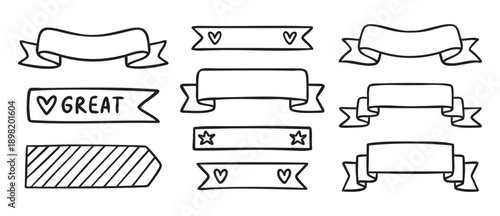 Folded ribbon banners for titles, planner labels, line art outline contour, monochrome, hand drawn