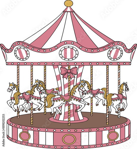 Vintage pink carousel illustration with horses and striped canopy for amusement park, fairground, carnival and children celebration themes isolated on white background vector