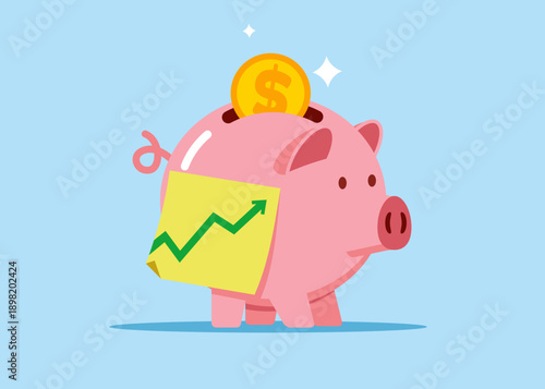 Piggy bank with green up arrow on sticky note. Modern vector illustration in flat style