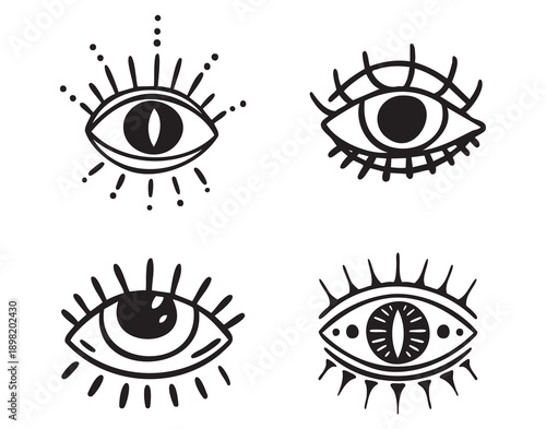 Esoteric all seeing eyes set, mystical patterned eyes, monochrome line art hand drawn style