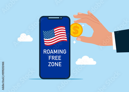 Hand putting dollar coin a smartphone. Roaming Free zone USA. Money savings on roaming. Modern vector illustration in flat style