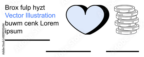 Charity, donations, finance, savings, health, support. A heart shape and stacked coins with placeholder lines and text. Charity and donations the main focus of this image
