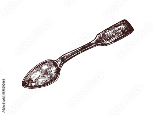 Hand drawn vintage sketch of old metal spoon with angular handle in monochrome brown, isolated vector illustration