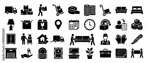 Comprehensive Set of Black Moving and Relocation Icons Featuring Boxes, Furniture, Movers, and Transportation Symbols Isolated on White Background