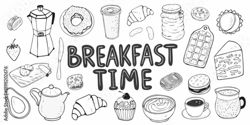 A charming black and white illustration of various breakfast foods and drinks